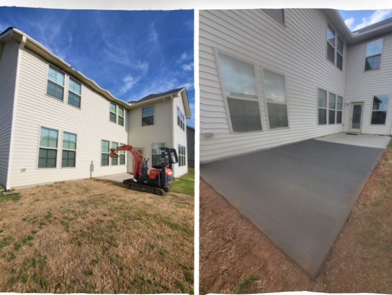 Before-and-after views of a smooth concrete patio installation